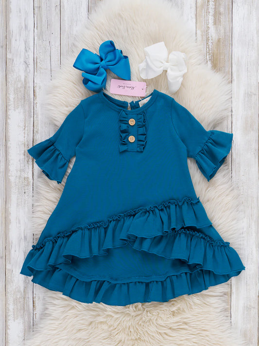 Cotton Ruffle Hi-Low Tunic Top-Steel Blue