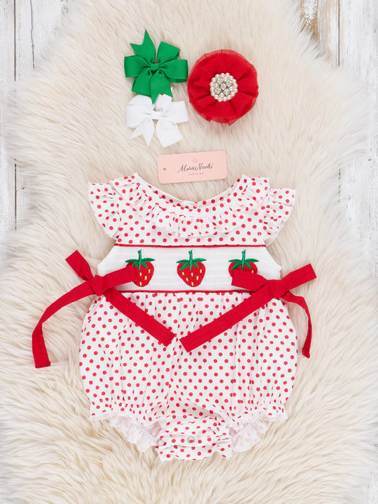 Polka Dot Strawberry Smocked Bubble