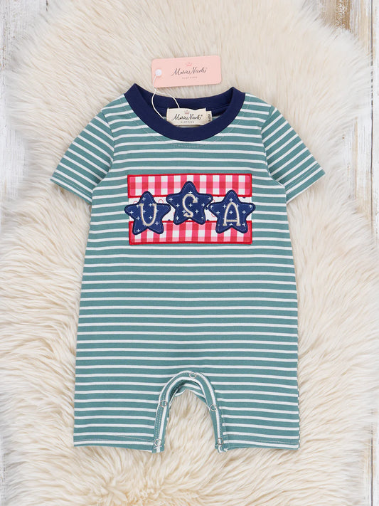 Green Striped Embroidered USA Romper