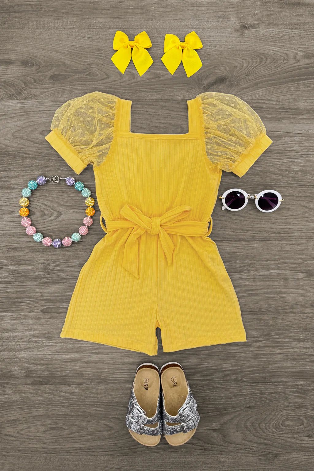 Polka Dot Tulle Puff Sleeve Romper YELLOW