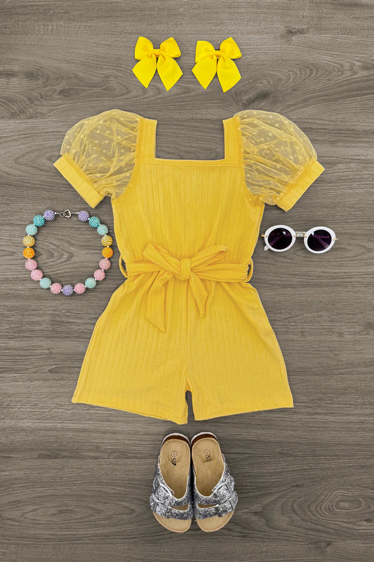 Polka Dot Tulle Puff Sleeve Romper YELLOW